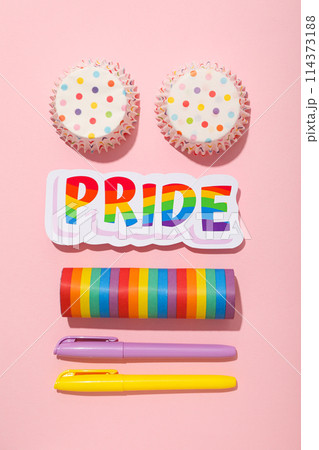 LGBT parade concept, holiday symbols on pink background. LGBT parade concept, holiday symbols on pink background. 114373188
