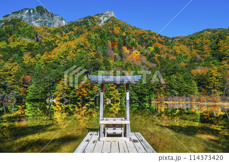 秋の上高地　紅葉が美しい明神池（明神一之池）の風景【長野県・松本市】 114373420
