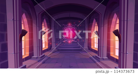 Magic mirror hanging on wall of castle hall 114373673