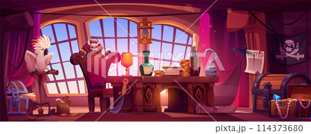 Pirate ship cabin interior. Boat room and treasure Pirate ship cabin interior. Boat room and treasure 114373680