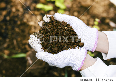 土を持つ女性 114373735