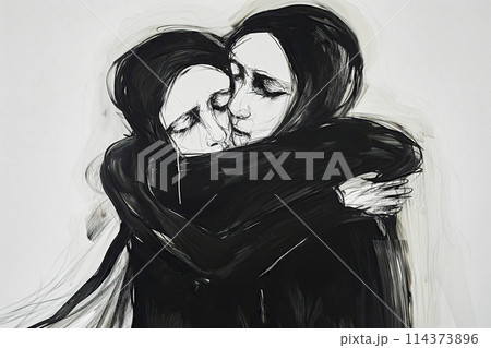 Two women in black mourning attire with veils embrace with closed eyes, black and white graphic depicting the concept of grief and sadness 114373896