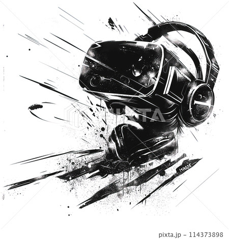 Dynamic black and white drawing of a headset with video goggles 114373898