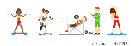 Fitness and Gym with People Character Do Workout Exercise Vector Set 114373929