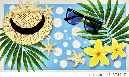 Colorful digital drawing featuring palm leaves, sun hat, starfish, and sunglasses, concept of summer vacation 114373947
