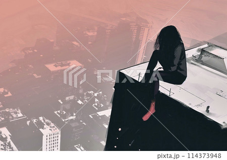 Young woman with hair covering her face, sitting on the edge of a high-rise building rooftop, abstract concept of depression 114373948