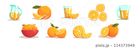 Fresh Orange Fruit with Juice in Glass Vector Set 114373949