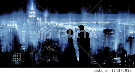Silhouette of a couple against the blue lights of a cityscape, abstract digital depiction 114373950