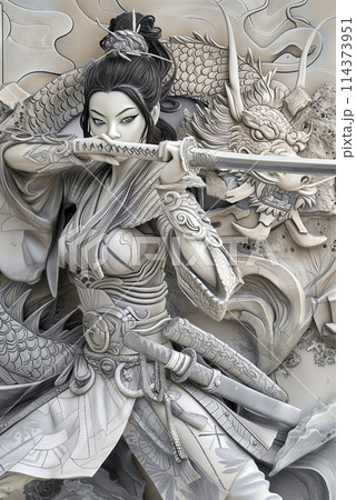 Digital drawing of the sculpture of an Asian female warrior in medieval costume with drawn sword 114373951