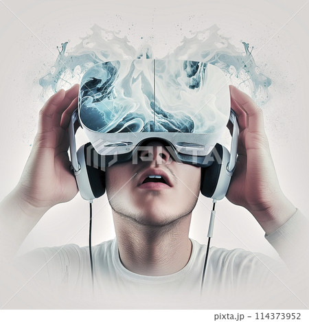 Surreal drawing of a man with video goggles and headset, with waves spilling from virtual reality into reality 114373952