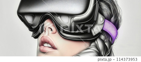 Detailed close-up drawing of a woman's face with video goggles 114373953