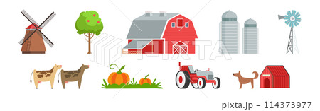 Farm and Ranch Rural Object with Tree, Barn, Windmill and Tower Vector Set 114373977