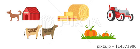 Farm and Ranch Rural Object with Cow, Hay, Tractor and Pumpkin Vector Set Farm and Ranch Rural Object with Cow, Hay, Tractor and Pumpkin Vector Set 114373980