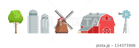 Farm and Ranch Rural Object with Tree, Barn, Windmill and Tower Vector Set 114373986