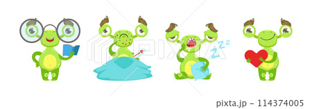 Green Monster Creature Engaged in Different Activity Vector Set 114374005