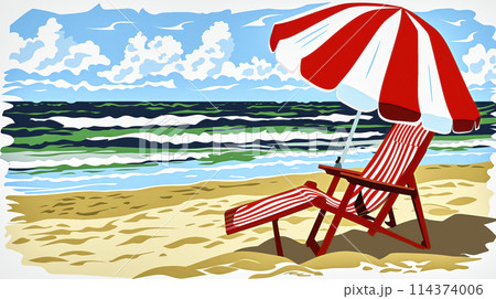 Beach chair with red-and-white striped parasol on the beach, simple graphic of color blocks, concept summer vacation 114374006
