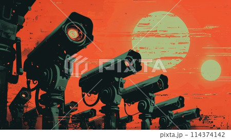 Artistic depiction of a dystopian surveillance society with multiple cctv cameras against a sunset Artistic depiction of a dystopian surveillance society with multiple cctv cameras against a sunset 114374142