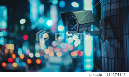 Security camera mounted on a wall against a blurred city night lights backdrop 114374143