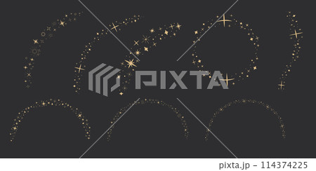 Gold star arch celestial, blink star mystic ornament, shiny minimal decoration on dark background. Shiny elements, starry and dots silhouettes. Comets stars and abstract constellations. 114374225