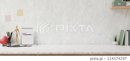 A copy space on a white tabletop features decorative objects. A medical office desk workspace. A copy space on a white tabletop features decorative objects. A medical office desk workspace. 114374297