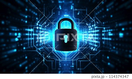 Illustration of digital padlock, symbolizing cybersecurity, amidst complex network of glowing blue circuits, intricate patterns represent complexity of online security systems, services or products Illustration of digital padlock, symbolizing cybersecurity, amidst complex network of glowing blue circuits, intricate patterns represent complexity of online security systems, services or products 114374347