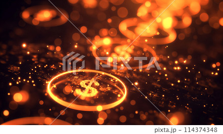 Dynamic and vibrant display of glowing dollar symbols encased in circles, illuminating dark backdrop. Illustration of wealth, prosperity, and financial growth, related to finance, economy, business 114374348