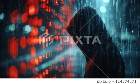 Unrecognizable hacker in a hoodie with digital code backdrop in a concept of cyber security silhouette 114374371