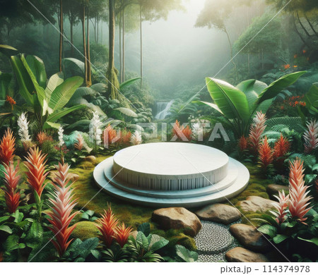 A serene, green forest with a mysterious white circular platform, evoking wonder 114374978