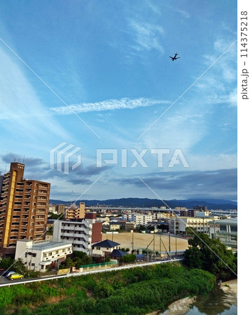 新緑と横手中学校上空の旅客機 114375218