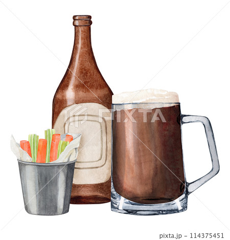 Hand-drawn watercolor illustration of snack bucket of carrots and celery. International beer day. Beer festival. 114375451