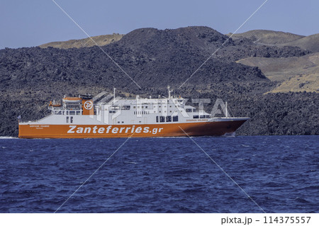 Greece, Santorini, boat of the Zante Ferries ferry company in front of Fira 114375557