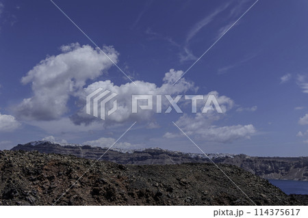 Greece, Santorini, View of the volcano on the island of Nea Kameni Greece, Santorini, View of the volcano on the island of Nea Kameni 114375617