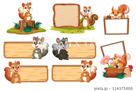 Cheerful Squirrels with Blank Signboards 114375808