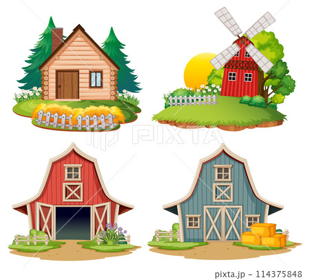Colorful Rural Farmhouse and Barn Illustrations Colorful Rural Farmhouse and Barn Illustrations 114375848