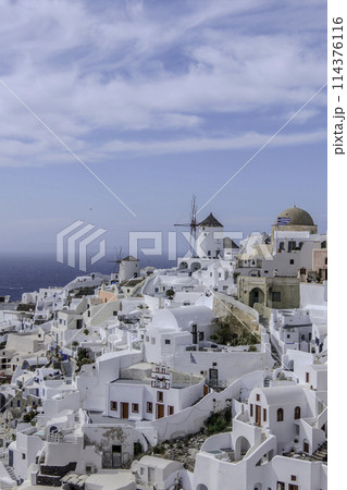 Greece, Santorini, Oia, view of the village with windmills 114376116