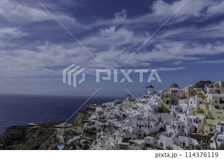 Greece, Santorini, Oia, view of the village with windmills 114376119