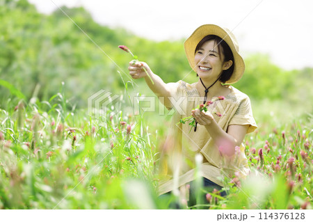 お花を摘む女性 お花を摘む女性 114376128