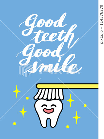 かわいい歯と「good teeth good smile」カリグラフィイラスト 114376279