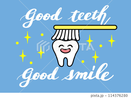 かわいい歯と「good teeth good smile」カリグラフィイラスト 114376280
