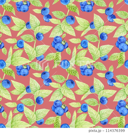 Blueberry watercolor pattern. Seamless pattern of ripe berries and intertwined leaves on a pink background. Botanical hand drawn illustration of wild bilberry for fabric, textile, wallpaper, wrapping. 114376399