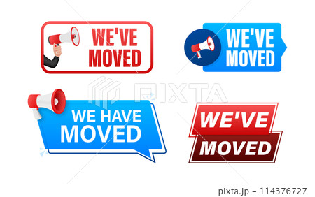 We have moved text with Megaphone label set. Megaphone in hand promotion banner. Marketing and advertising 114376727