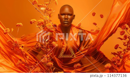 Fashion Model in Orange Draped Fabric with Geometric Necklace 114377136