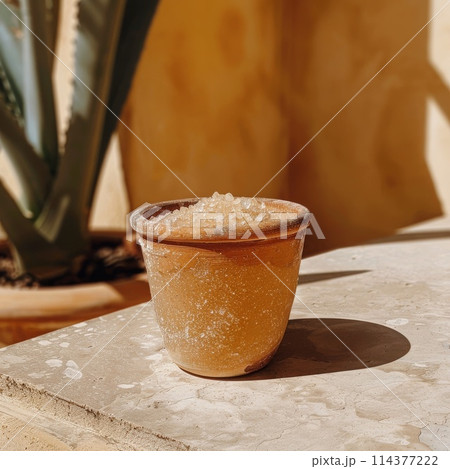 Sunlit Terracotta Pot with Salt Deposits on Concrete Surface 114377222