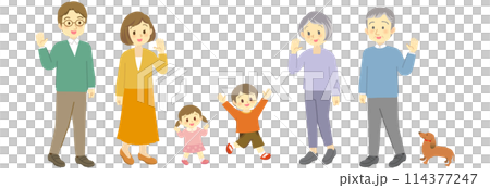 A friendly three-generation family and a small dog waving and rejoicing at a reunion (diagonal side view, full body) A friendly three-generation family and a small dog waving and rejoicing at a reunion (diagonal side view, full body) 114377247