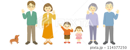 手を振って再会を喜ぶ仲良し三世代家族と小型犬（正面・全身） 114377250