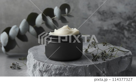 Luxurious Organic Cream in Elegant Black Jar on Textured Stone Surface Luxurious Organic Cream in Elegant Black Jar on Textured Stone Surface 114377327
