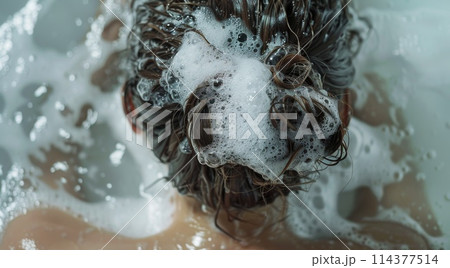 Woman Washing Hair with Shampoo Bubbles in Bath Woman Washing Hair with Shampoo Bubbles in Bath 114377514