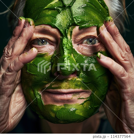 Elderly Woman Applying Natural Green Facial Mask for Skin Care 114377564