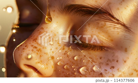 Young Woman's Face with Dewy Skin and Golden Light 114377606