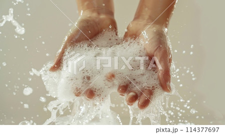 Hydrating Hands. Gentle Soap Suds Splashing Under Fresh Water 114377697